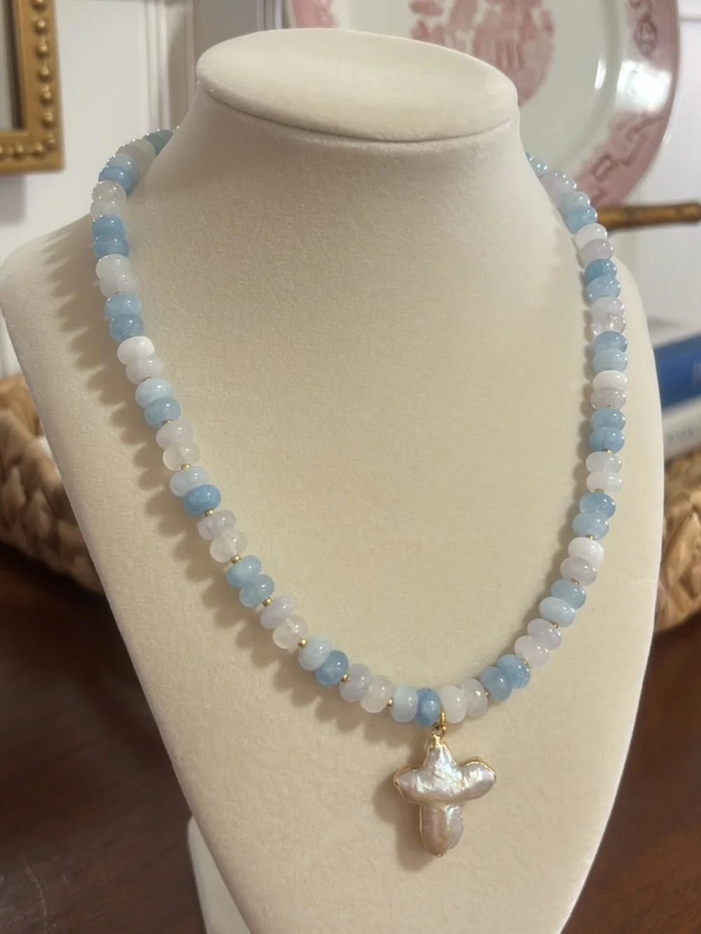 Handmade Blue & White Beaded Necklace with Mother of Pearl Cross Pendant